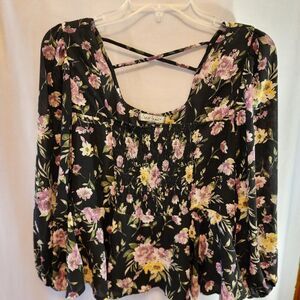 CRAVE FAME, LONG SLEEVE, BLACK/ MULTI FLORAL TOP SMOCK FRONT, PEPLUM, SIZE SMALL